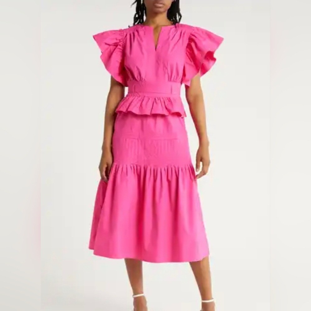 Wishlist Apparel Fuchsia Pink Ruffle Sleeve Peplum Midi Dress Women's Small NWT