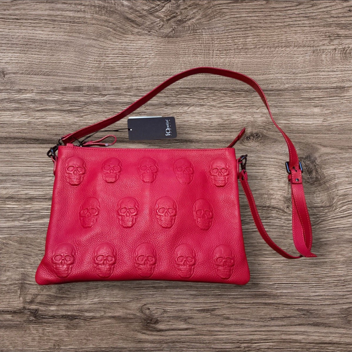 IO Pelle Italia RED Leather 3D Embossed Skulls Halloween CROSSBODY