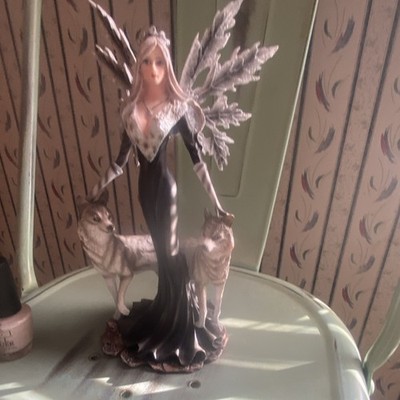 Winged Fairy Figurine Statue, Two Wolf/Dog Figures, Fantasy Theme Collectible