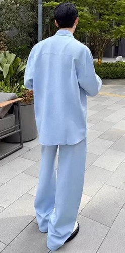 Camicia uomo chic risvolto manica lunga pantaloni gamba larga pizzo abbigliamento estivo 2 pezzi - Foto 4 di 6