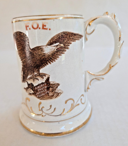 Antique ~1900 Fraternal Order of Eagles F.O.E. Porcelain Mug J.&.E. Mayer Gilt
