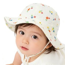 Baby-Girls-Flower-Cotton-Gauze-Bonnet - Wide Brim Sun Hat Infant Floral Bucket