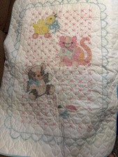 New Handmade Baby Quilt, 29 x 40 Duck, Cat, Bear, Cotton Cross stitch,