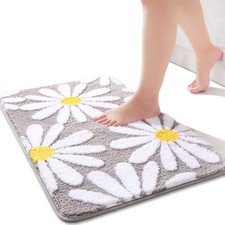 Gray White Yellow Daisy Bath Mat Non Slip Microfiber Absorbent 20x32 Inch