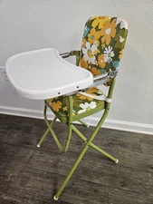 VTG MCM High Chair Cosco, Tray Vinyl Seat, Flower Power Yellow Green teal orange