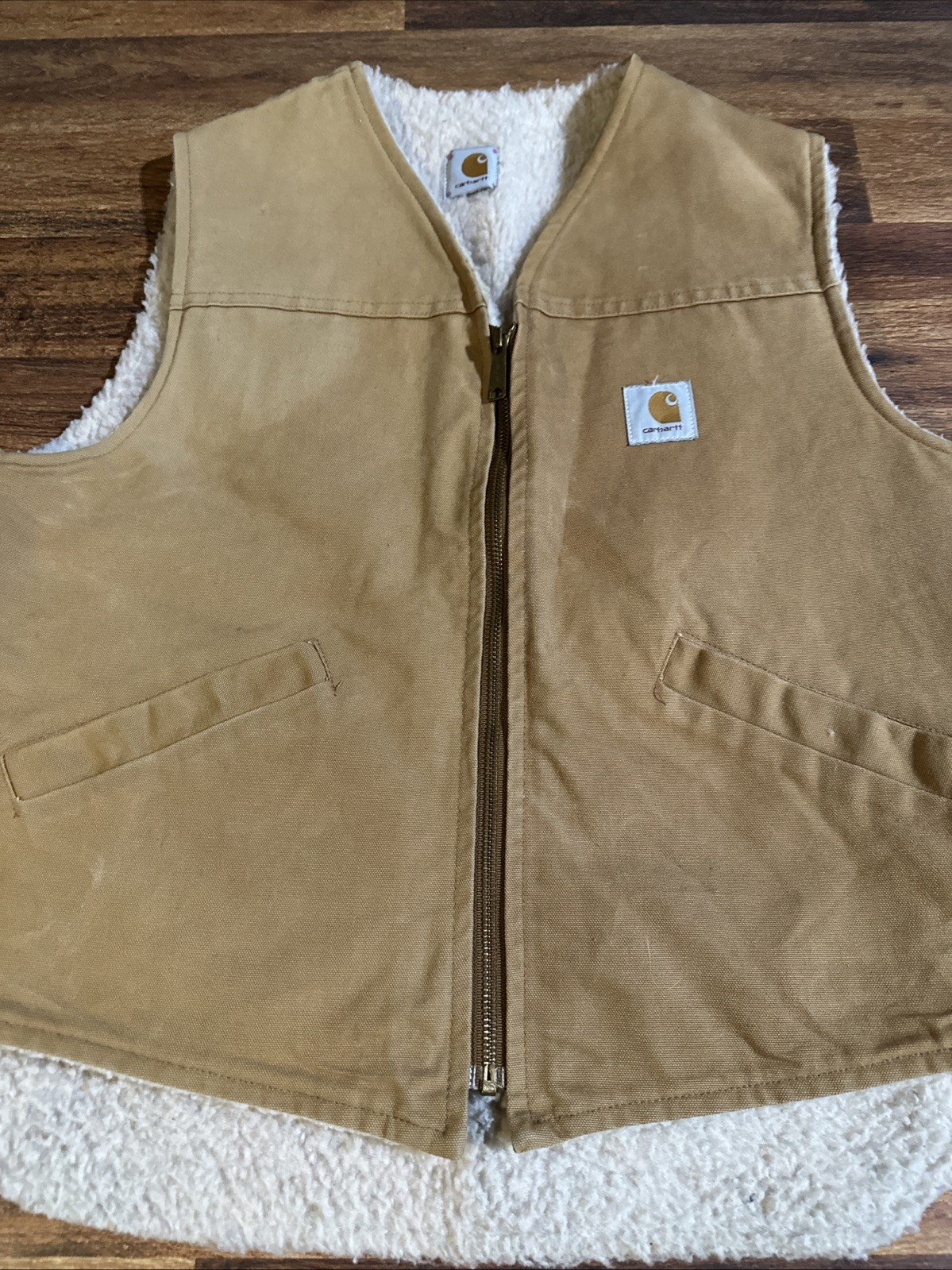 Vintage Carhartt Vest Mens Medium Brown Sherpa Lined Duck Canvas Zip Workwear