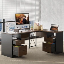 L Shaped Desk with 4 Drawers, 63" X 47" Executive Desk with Open Storage & Monit