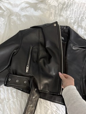 ZARA Women's Black Biker Jacket Full Zip Belted Pockets Long