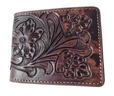 Hand Tooled Genuine Leather Bifold Wallet - Leather RFID Men Brown Wallet Flower