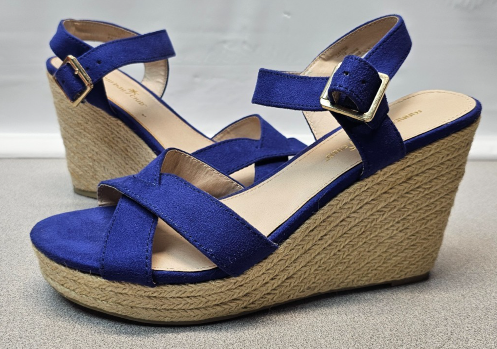 APL Sandali Montego Bay Club donna taglia 9 5 blu punta aperta corda zeppa cinturino alla caviglia