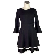 Eliza J Dress Womens 6 Black Ivory Bell Sleeve Tiered Fit and Flare Ponte Knit