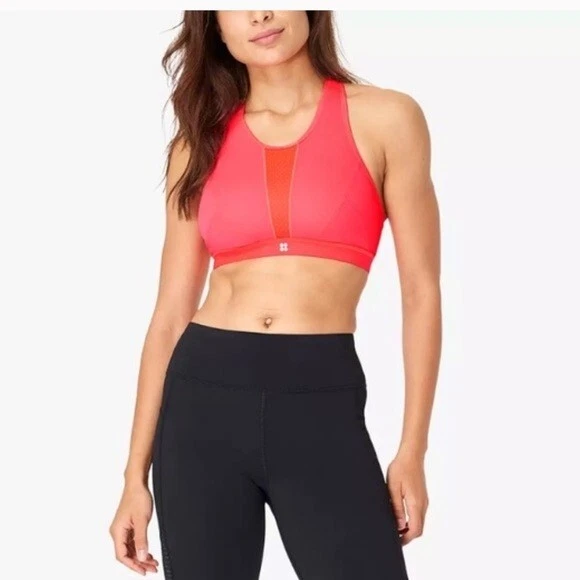 Sutiã esportivo Sweaty Betty $65 32C alta intensidade neon malha coral corrida ativa - Imagem 3 de 4