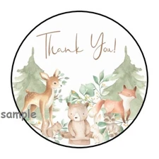 30 THANK YOU WOODLAND ANIMALS ENVELOPE SEALS LABELS STICKERS 1.5" ROUND FAVORS