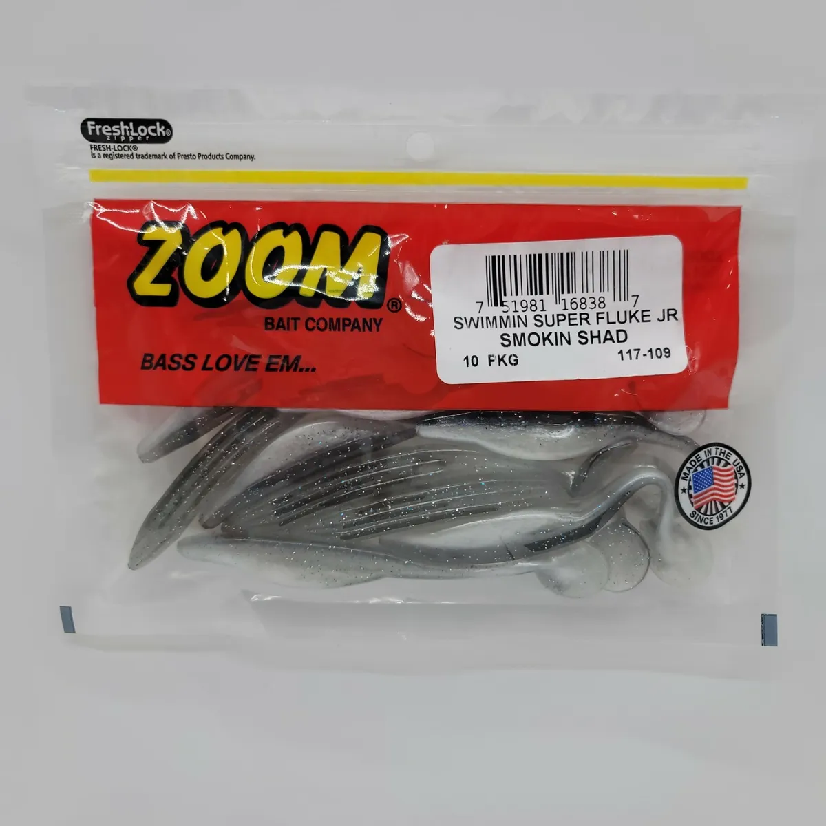 Zoom Swimmin Super Fluke Jr 4 Smokin Shad 10pcs Soft Plastic Swimbait
