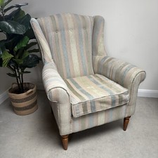 Vintage Laura Ashley Button High Back Wing Arm Chair Striped Upholstery.