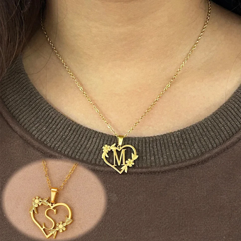 ✅ Collier Acier Inoxydable Lettre Prénom Coeur Femme pendentif initial Bijoux - Photo 4/4