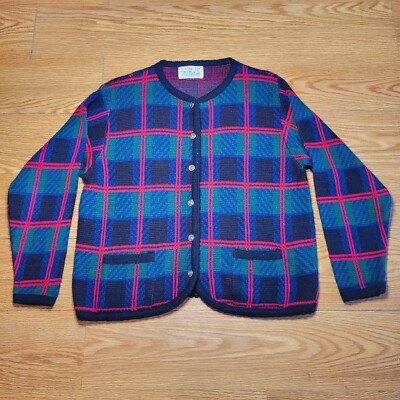 Tally-Ho Womans Button Up Cardigan Sweater Plaid Size Medium Red/Blue/ Green 