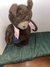 RARE VINTAGE JOINTED PLUSH DOLL FIGURE BROWN TEDDY BEAR TOY CHECKERED SHIRT