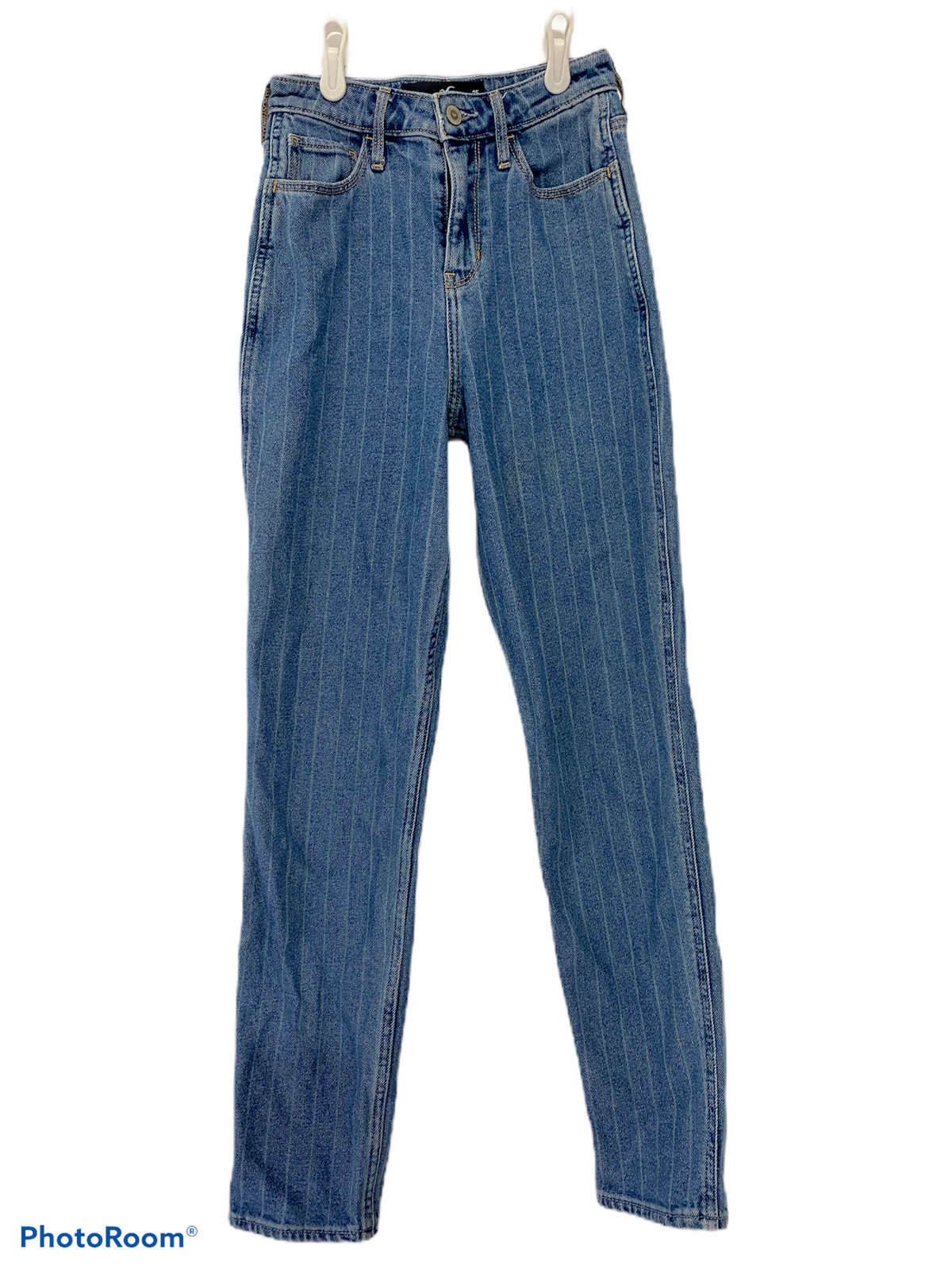 Hollister Ultra High Rise Mom Jeans Bliue Pin Stripes Stretch W25 L27 Size 1-image