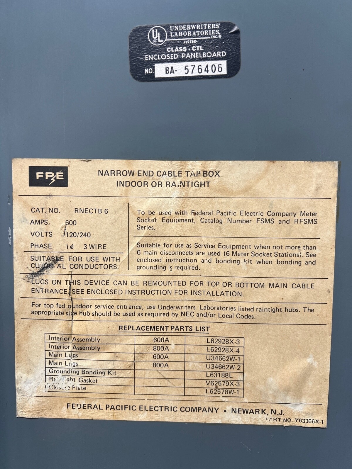 FPE Federal Pacific Electric RNECTB 6  Narrow End Cable Tap Box Cover