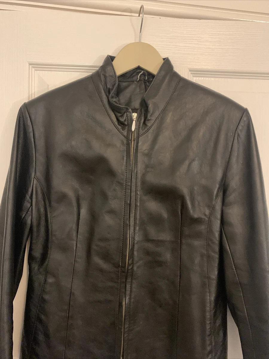 FUTURE DESIGNS BLACK LEATHER COAT 14 M L Bomber jacket zip up