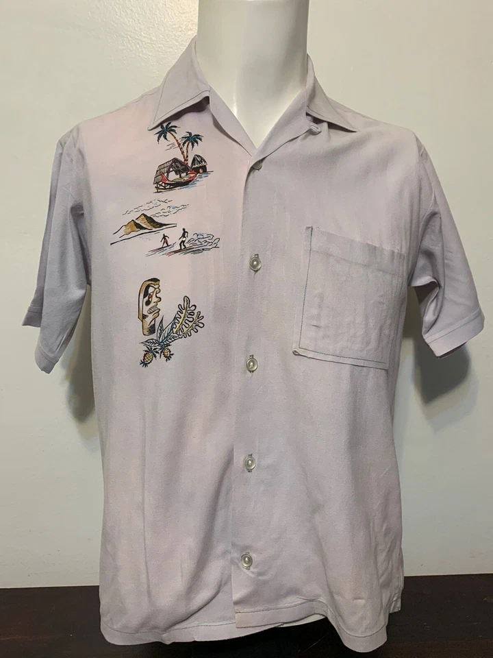 Vintage 1950s Hand Painted Hawaiian Aloha Shirt S Tiki Surfers Hut Loop Collar - Image 2 of 4