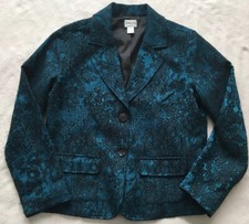 Chico s Black Blue Floral Print lined Two buttons Blazer Jacket Size 1 Women s
