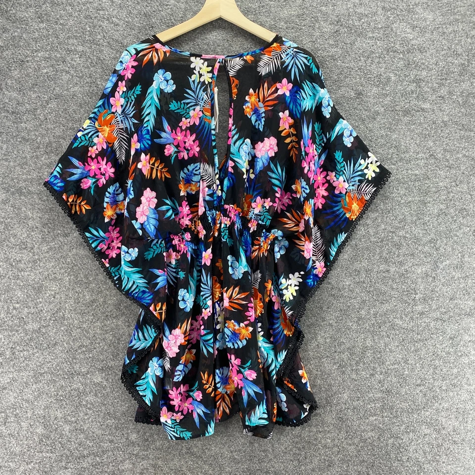 New Miken Covering Top Women L Large Black Floral V-Neck Kimono 3/4 Sleeve Swim - Image 2 of 4
