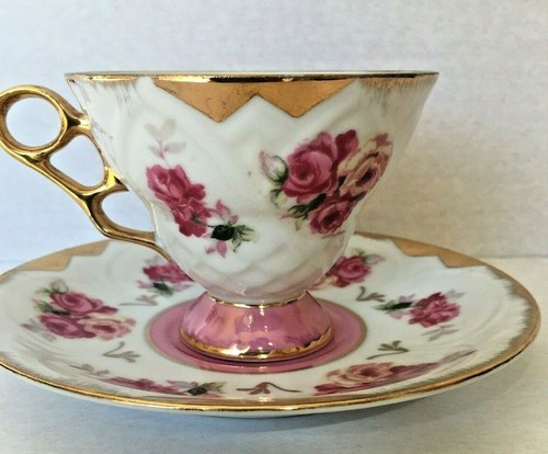 Vintage Royal Halsey Very Fine 7 Teacups & 5 Saucers Iridescent Floral Japan - Picture 9 of 12