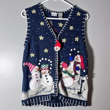 Carolina Colours Christmas Sweater Vest Snowmen Santa Stars Blue Size Small