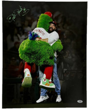 Phillie Phanatic Signed Philadelphia Phillies Hugging Jason Kelce 16x20 PSA 678