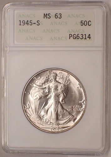1945-S Walking Liberty 50c ANACS MS63 Gen 2 Soapbar Old Holder SWH Soapbox