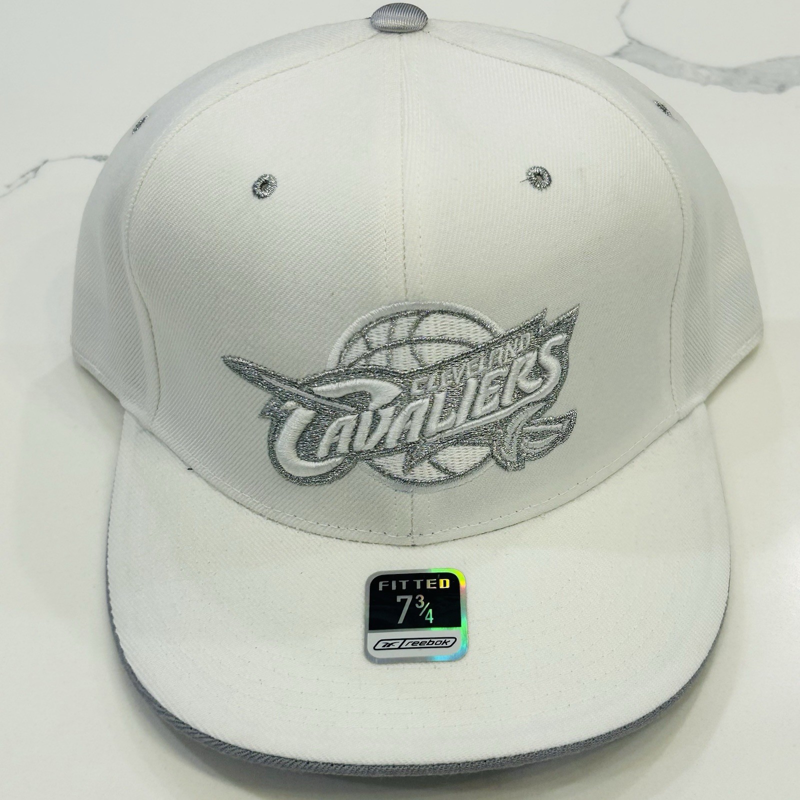 Cleveland Cavaliers NBA Reebok White On White W/Silver Logo 7 3/4 Fitted Cap Hat