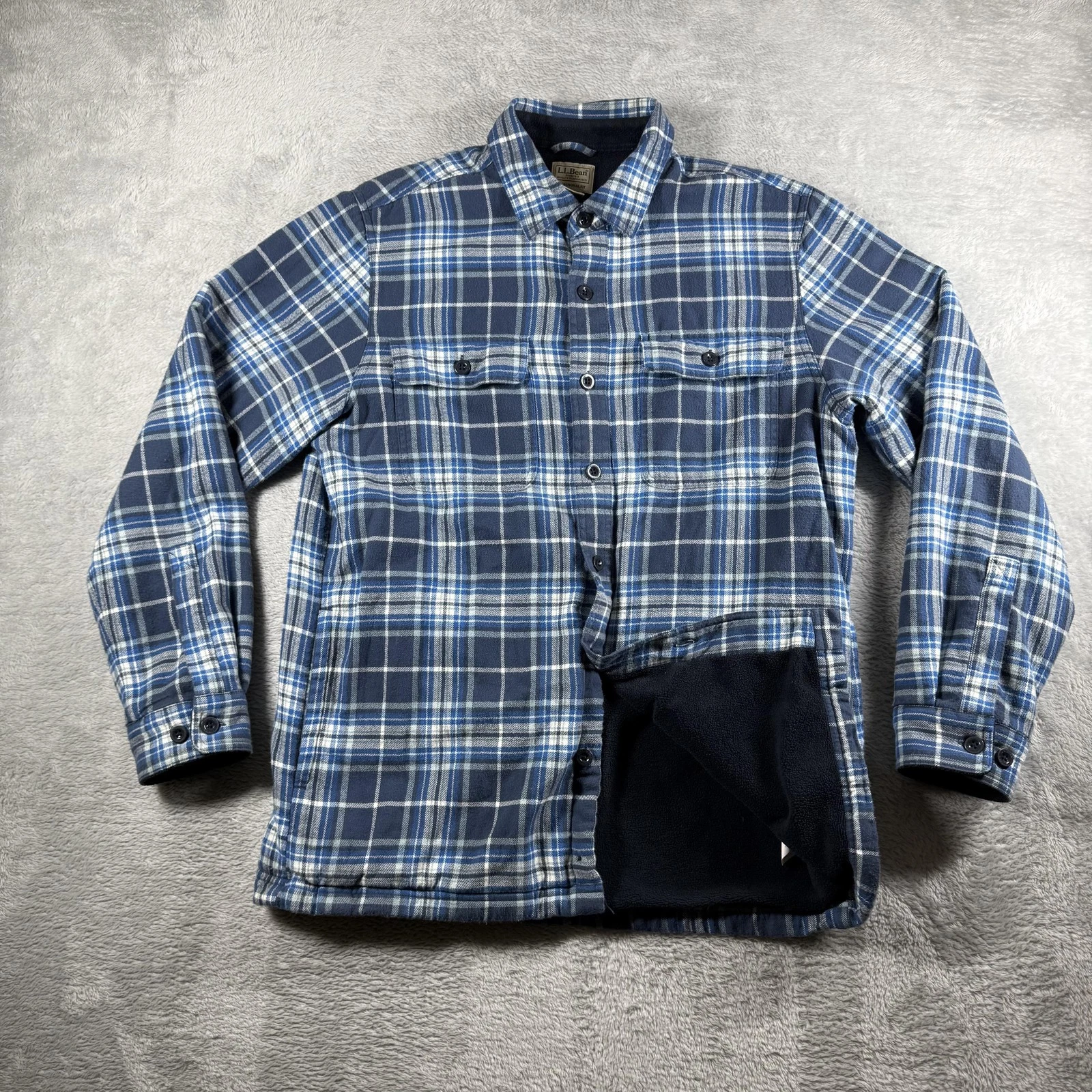 LL Bean Jacket Mens Medium Blue Plaid Fleece Lined Flannel Shacket Outdoor Hike