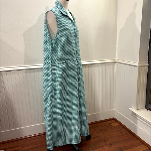 FLAX Design Size L Dress Maxi Jade Green Gingham 100% Linen Woven Sleeveless - Picture 2 of 13