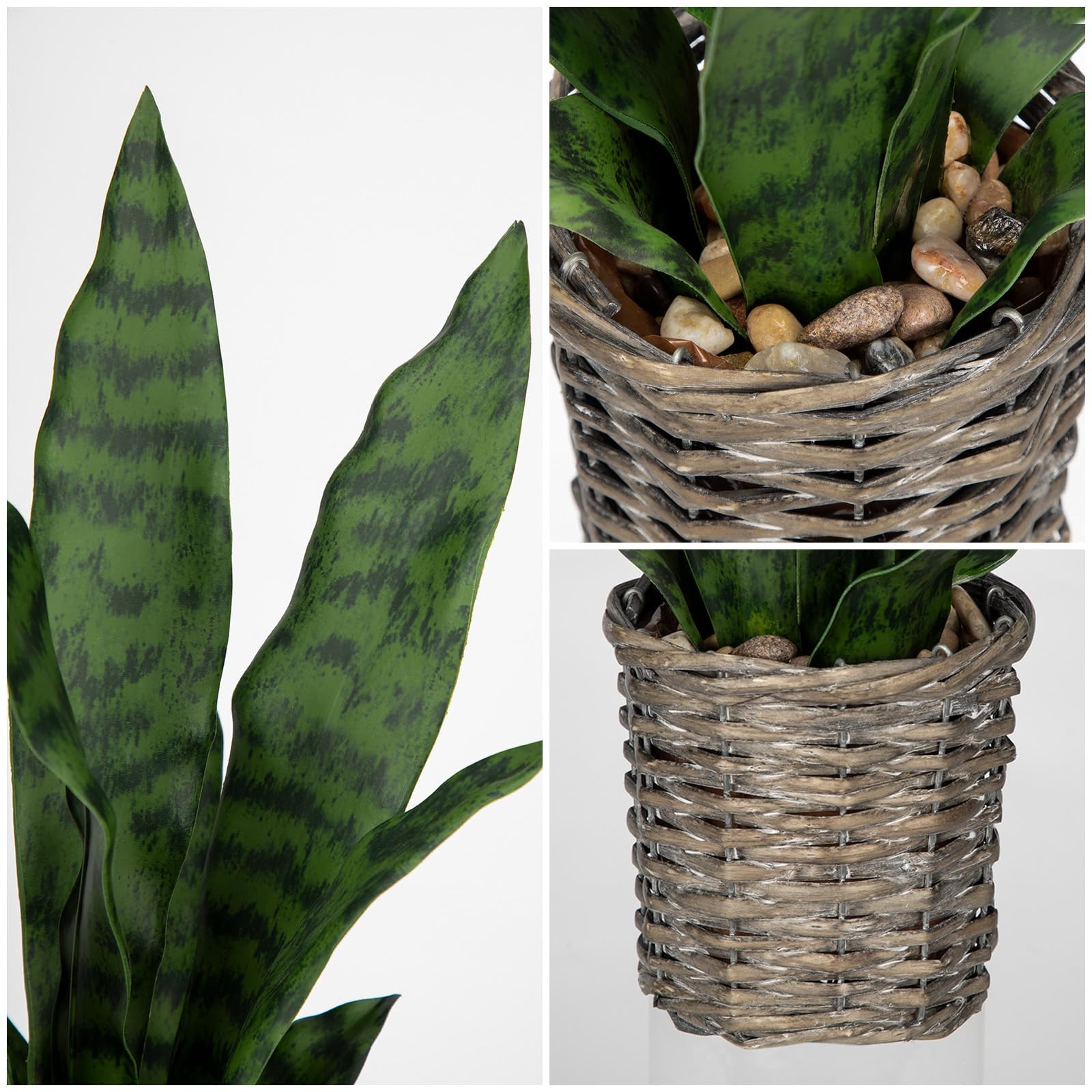 15 inch Artificial Snake Plant with Woven Basket Pot Fake Sansevieria Plant