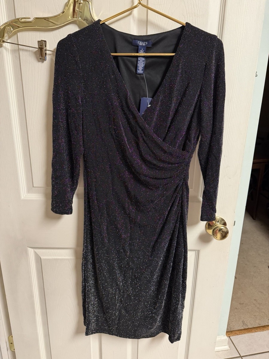 NWT Chaps Womens Black/Silver Sparkle V Neck Wrap Dress 3/4 Sleeves Lined Med 6