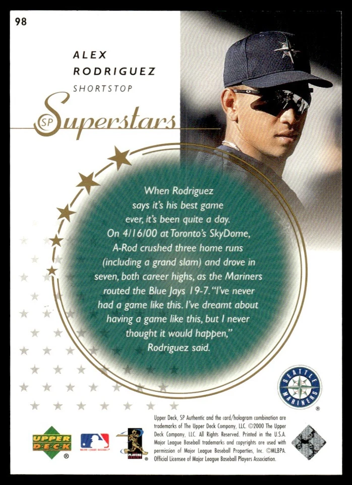 2000 SP Authentic Alex Rodriguez 0887/2500 Seattle Mariners #98 - Image 2 of 2