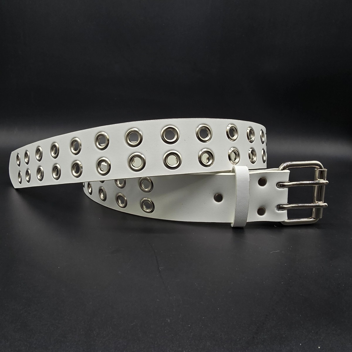 White Genuine Leather Grommet Eyelet Studded USA Made Three Row