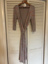 Talbots Women’s Beige Wrap Dress Pink Flowers Knit Belted 3/4 Sleeves Size 4