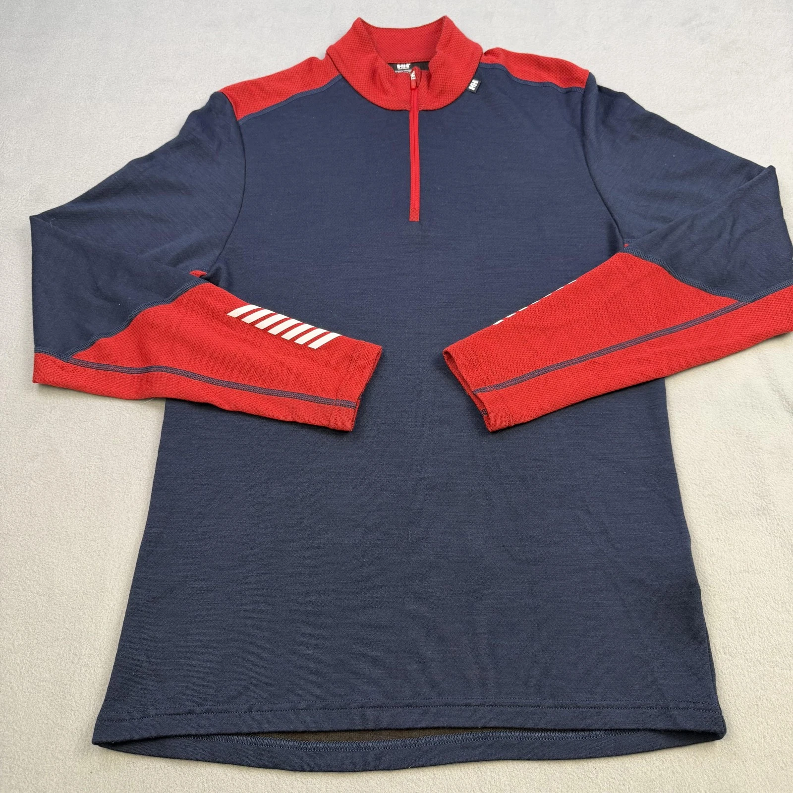 Helly Hansen Pullover Mens Medium Blue Red 1/4 Zip Merino Wool Base Layer Top