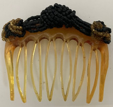 Antique Black Beaded Celluloid Hair Comb. 1920  s. Beads are braided and swirled