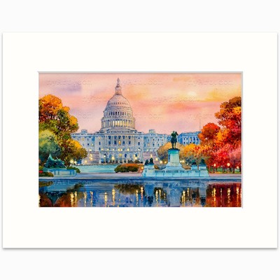 Washington DC Sunset Watercolor Print by Roustam Nour | Capitol Hill Artwork