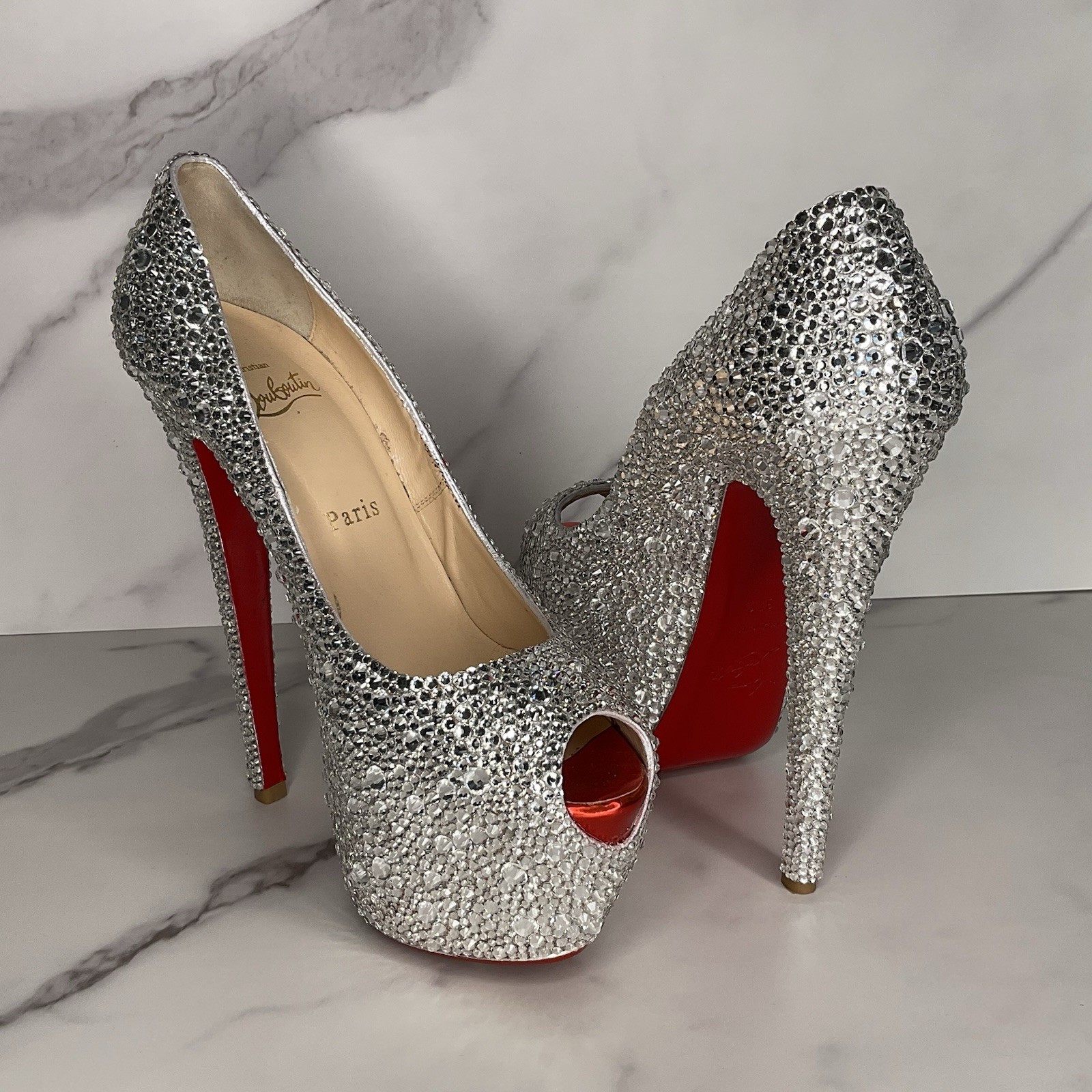 Christian Louboutin Highness AB Strass Crystal Peep Pump Size EU 37.5 / US 7.5