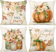 Fall Pillow Covers 18x18 Set of 4 Hello Pumpkin Floral Thanksgiving Decorations