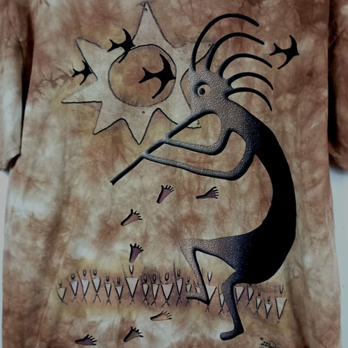 The Mountain Kokopelli Tie-Dye T-Shirt L Brown 2004 Y2K Fertility Music Spirit - Picture 3 of 6