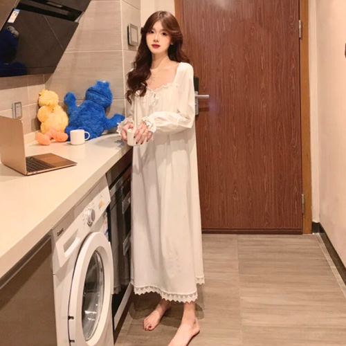 WOMEN BEAUTIFUL THIN LONG SLEEVE NIGHTDRESS Lace Princess Loose Sleepwear Ankle - Picture 5 of 7