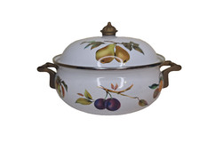Vintage Tabletops Unlimited Enamel Fruit Pattern Pot w/Lid Brass Hardware READ