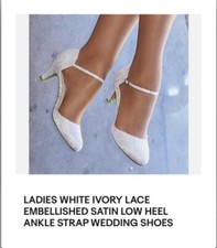 LADIES WHITE IVORY LACE EMBELLISHED SATIN LOW HEEL ANKLE STRAP WEDDING SHOES