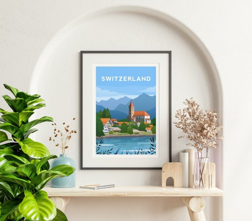 Switzerland Art Print, Swiss Alps Travel Poster, Europe Illustration Wall Art - Picture 3 of 6